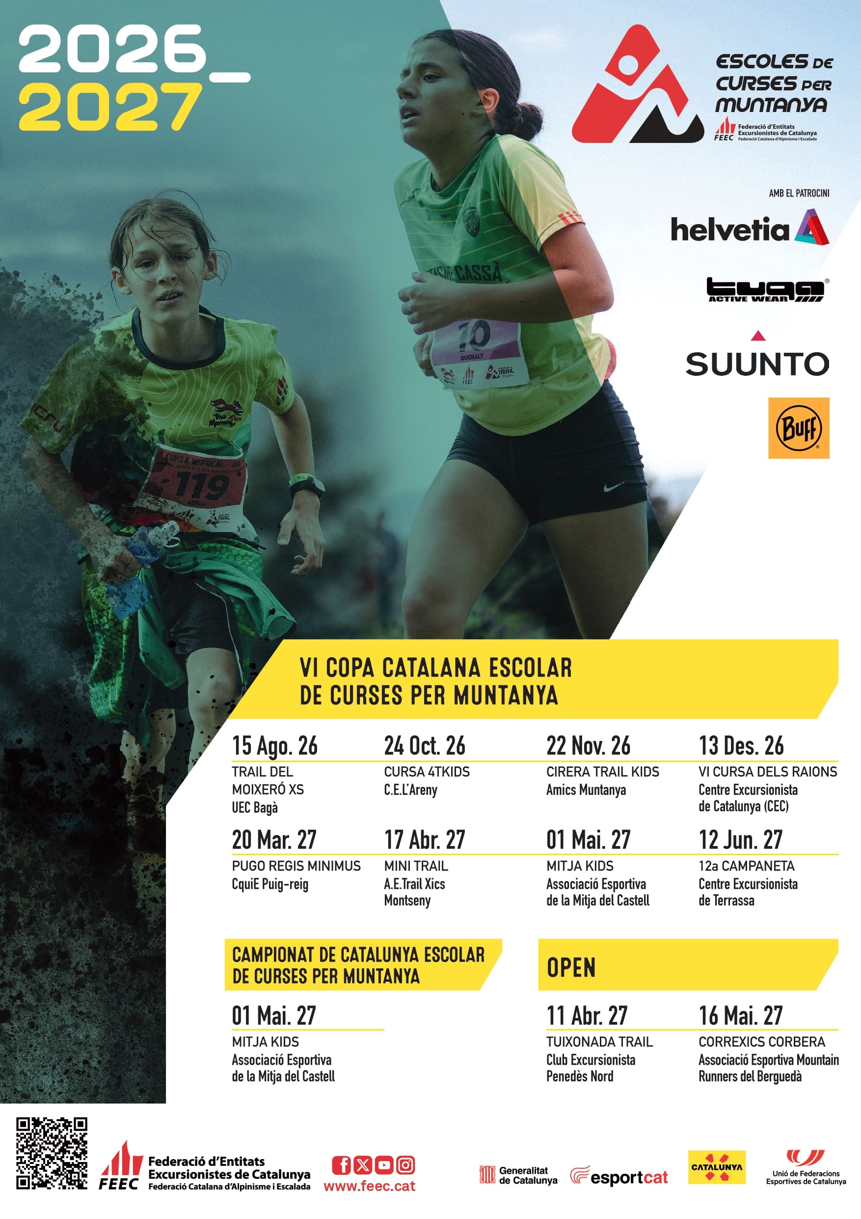 Calendari 2026-2027 de les Escoles de Curses per Muntanya de la FEEC, amb la Cirera Trail Kids el 22 de novembre de 2026