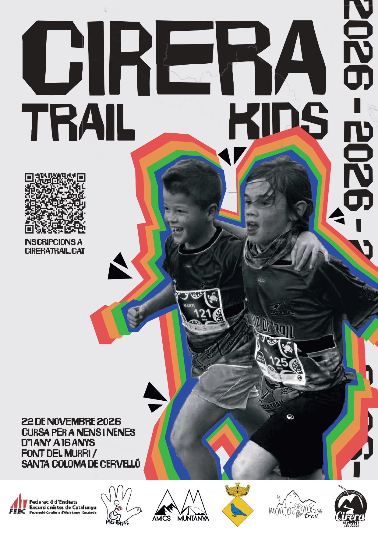 Cartell de la Cirera Trail Kids 2026: dos infants corrent, 16 de novembre de 2026, Font del Murri, Santa Coloma de Cervelló